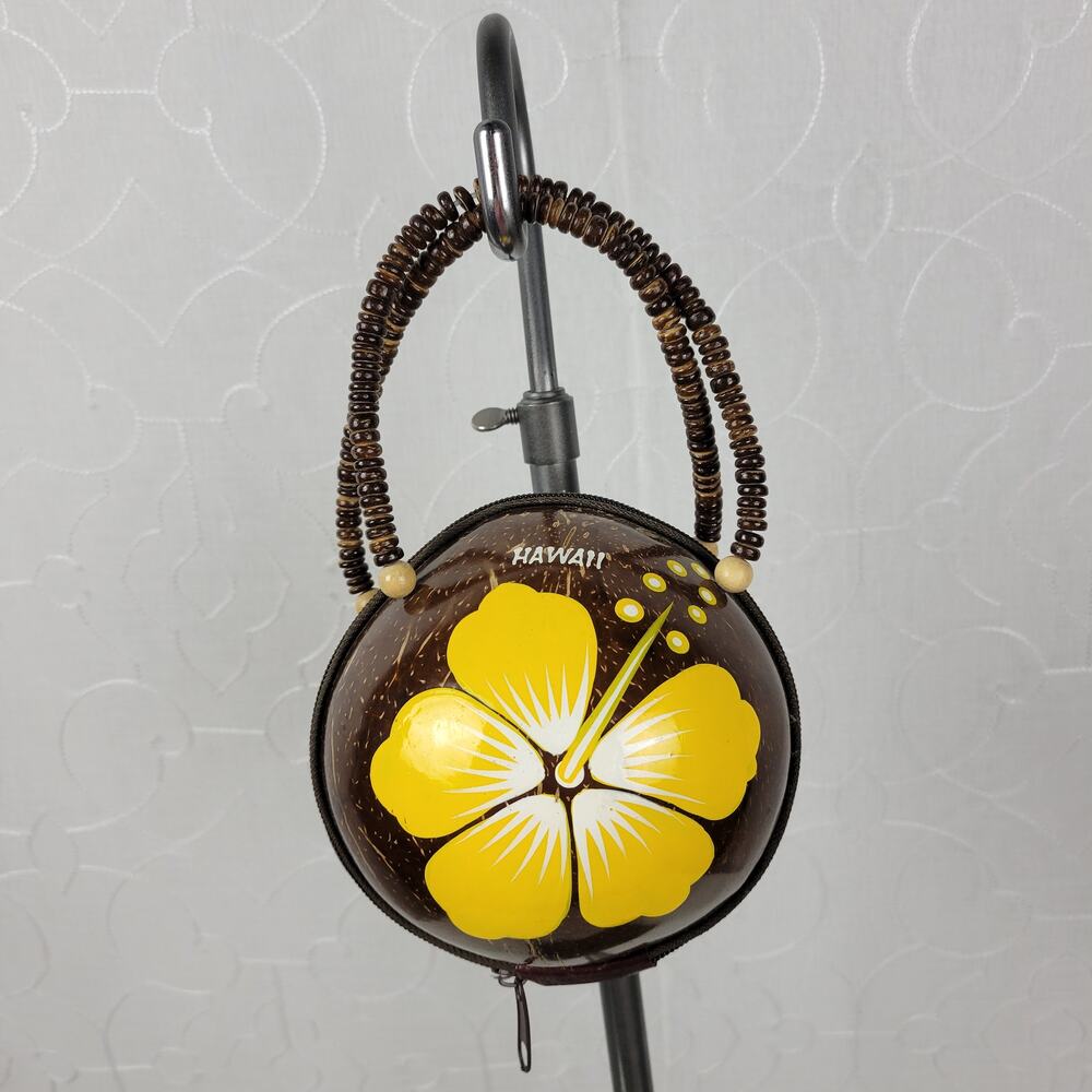 Vintage KC Hawaii Real Coconut Shell Handbag Coin Purse Hand Painted Flower